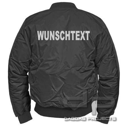 Jacke MA1 schwarz mit Wunschaufdruck in Reflex Silber Größe: 3XL und 5XL